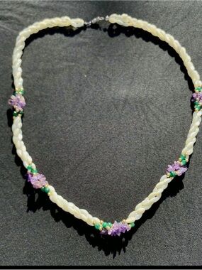 Vintage Mother of Pearl Rice Bead Necklace with Purple Stone